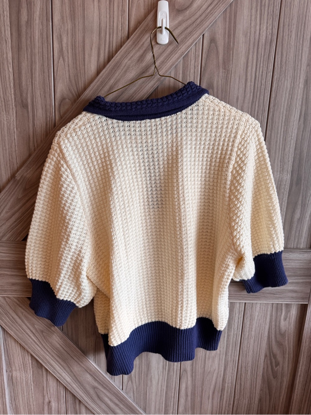 Commense Cream Knit Polo Sweater with Navy Trim - Picture 3 of 5